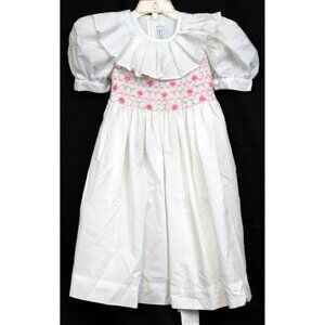 Vtg 90s Isabel Garreton Smocked White Dress 3T Dots Pleated Collar Pink Flowers